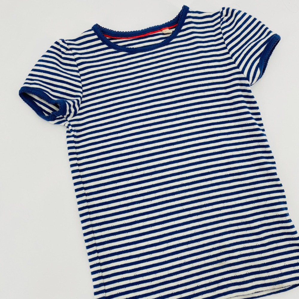 Mini‎ Boden T-Shirt Girls 8-9Y Blue White Striped Pointelle Knit Short Sleeve